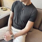 Bonsir Summer Men Ice Silk Short Sleeved T-shirt Fashion Stripes O-Neck Slim Fit Casual Elastic Tee Tops 4XL-M Streetwear