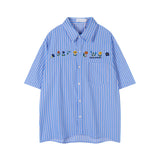 BONSIR  -  Flowers Embroidery Striped Shirts Mens Streetwear Vintage Casual Blouse Men Summer New Oversized Short Sleeve Shirts Male