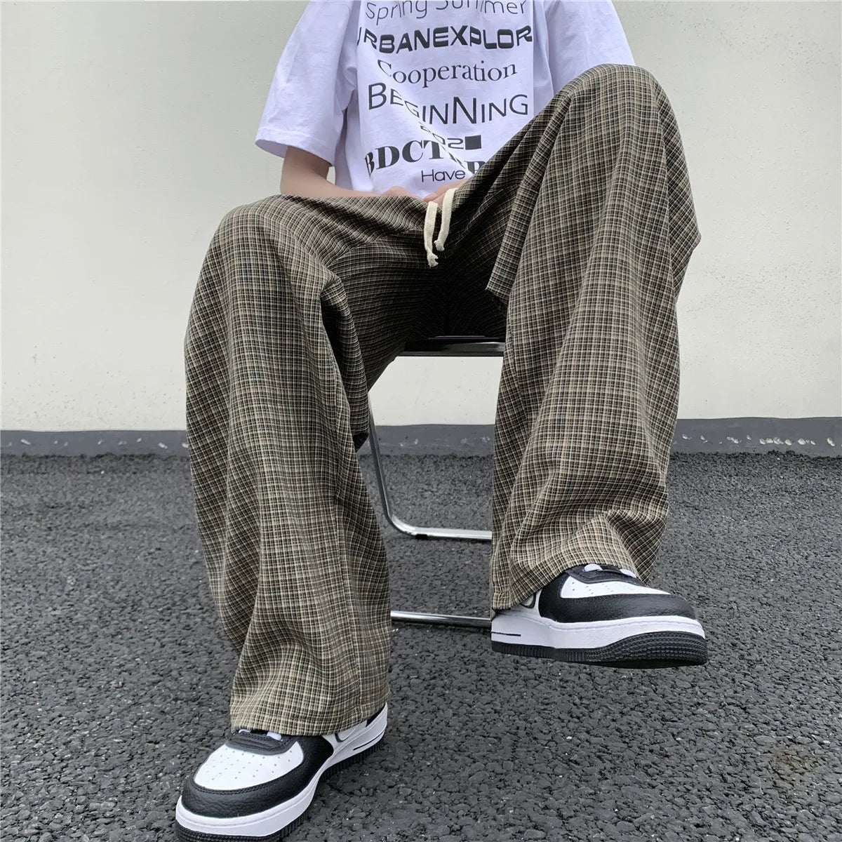 BONSIR  -  Summer/Autumn Plaid Pants Men Loose Casual Straight Trousers for Male/Female Harajuku Hip-hop Streetwear Wide-leg Mopping Pants