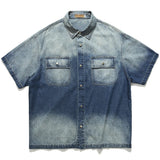 BONSIR  -  Oversized Mens Striped Denim Shirts Streetwear Harajuku Washed Casual Jeans Blouse Men Vintage Japan Style Short Sleeve Shirt