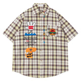 BONSIR  -  Summer Mens Plaid Short Sleeve Shirts Hip Hop Cartoon Embroidered Patch Blouses Harajuku Streetwear Casual Fashion Loose Shirts