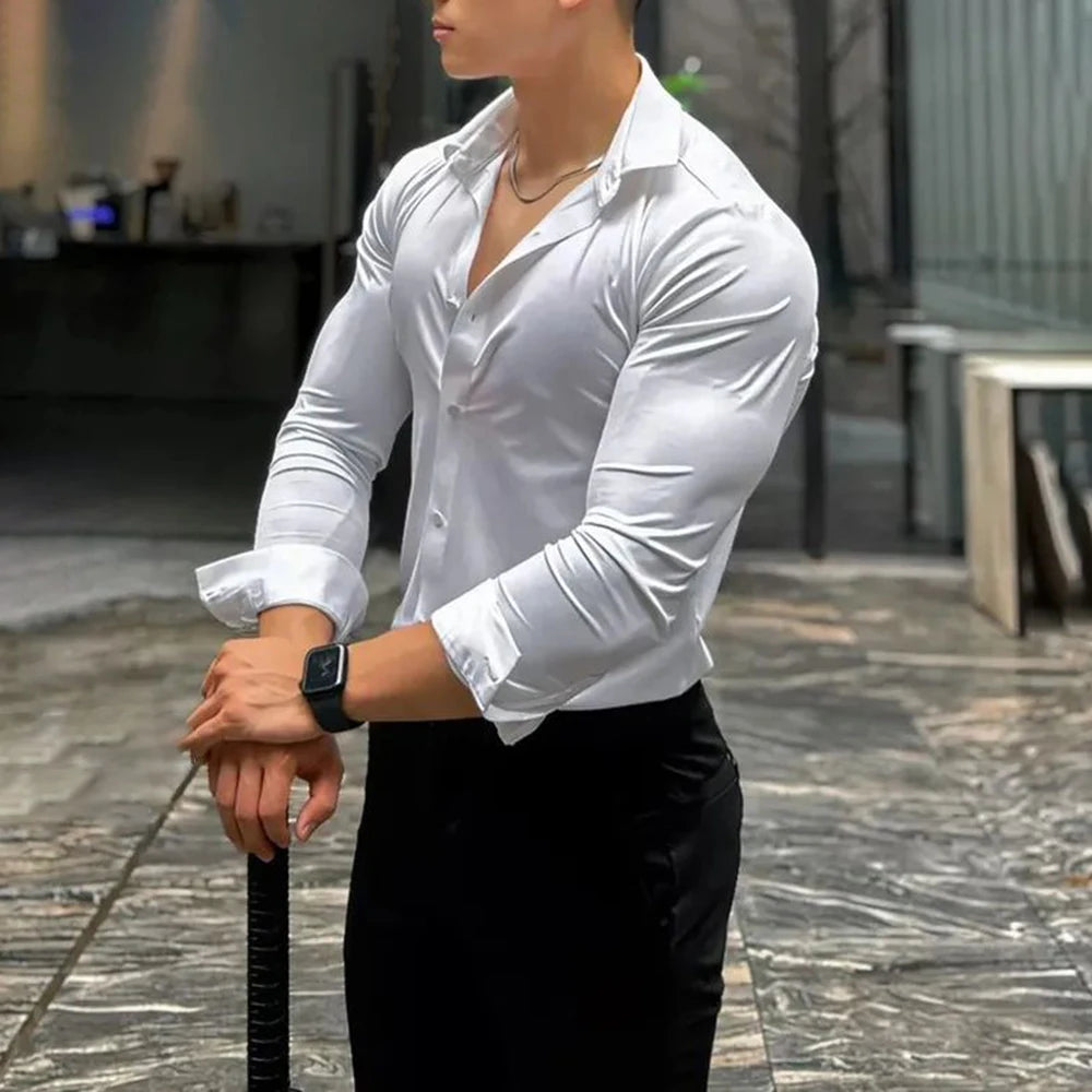 Bonsir Mens Shaping Slim Casual Long Sleeve Shirt 2024 New Genderless Fashion Trend Tight British Solid Color Versatile Shirt Unisex