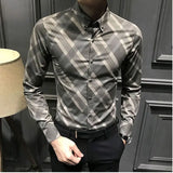 Bonsir Korean Fashion Spring Autumn Shirts Men Clothing Lapel Plaid Single Breasted Smart Casual Office Social Long Sleeve Slim Tops