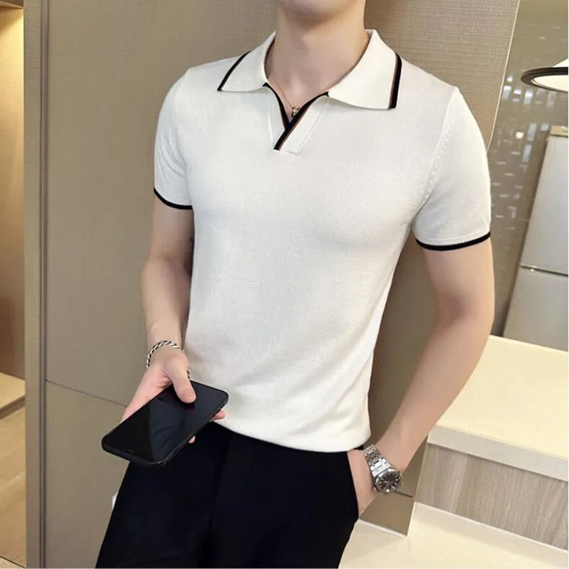 Bonsir Summer New Slim Fit Polo Shirts Mens Short Sleeve Solid Color Knitted V Neck Breathable Casual Polos 3XL-M