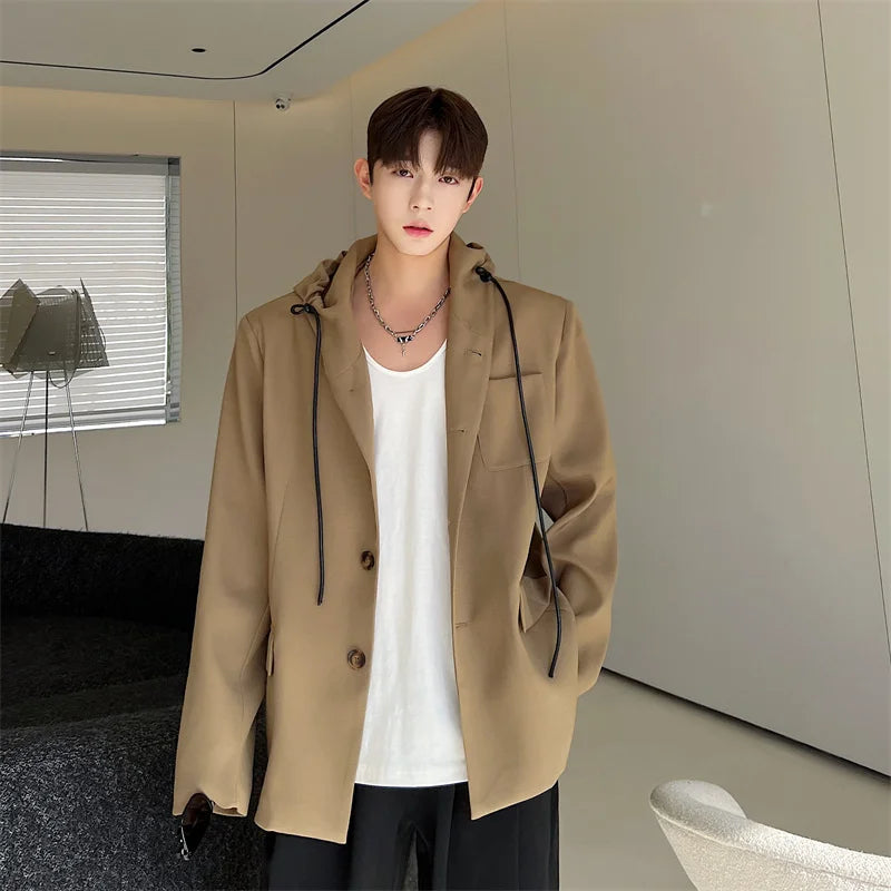 Bonsir Men's Suit Jacket Hooded Single Breasted Casual Male Solid Color Clothing Autumn New Loose Hoodie Blazers