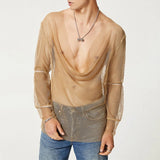 Bonsir Mens Sexy See-Through Mesh Long-Sleeve Top 2024 New Genderless Nightclub Individuality Irregular Thin Low-Cut T-Shirt Unisex