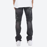 Bonsir Retro Rhinestone Spider Web Distressed Men's Jeans Pants High Street Straight Washed Casual Oversized Unisex Denim Trousers