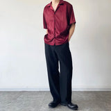 Bonsir Summer Men's Stylish Shirt Cuban collar Satin Silk Wine Red Dress Shirts Short Sleeve Tops Wedding Prom Party Holiday Blouse Man