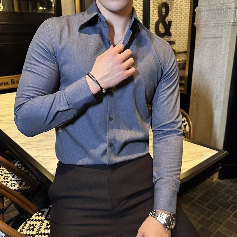 Bonsir Autumn New Fashion Lapel Shirt Men Long Sleeve Solid Color Casual Slim Fit Business Dress Shirts Social Party Men Clothing