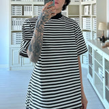 Bonsir Mens Casual Black White Striped T-Shirts Genderless 2024 Summer New Fashion Streetwear Youth High Neck Short Sleeve Tops Unisex