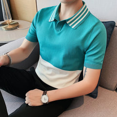 Bonsir Summer V-Neck Spliced Knitted Polo Shirts Men High Quality Short Sleeve Ice Silk Elasticity Casual Lapel Tee Tops 3XL-M