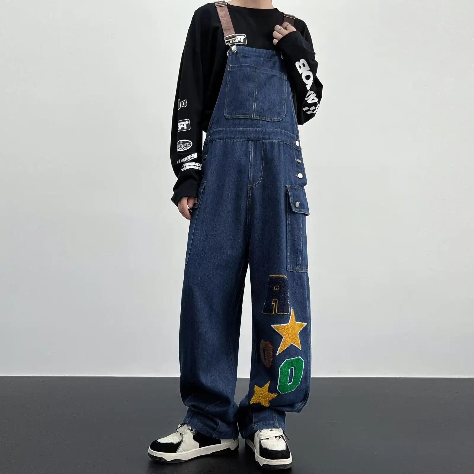 Bonsir Y2K Cargo Jeans Jumpsuit for Men Streetwear Hip Hop Punk Loose Denim Bodysuits Overalls Male Japanese Print Pocket Pants