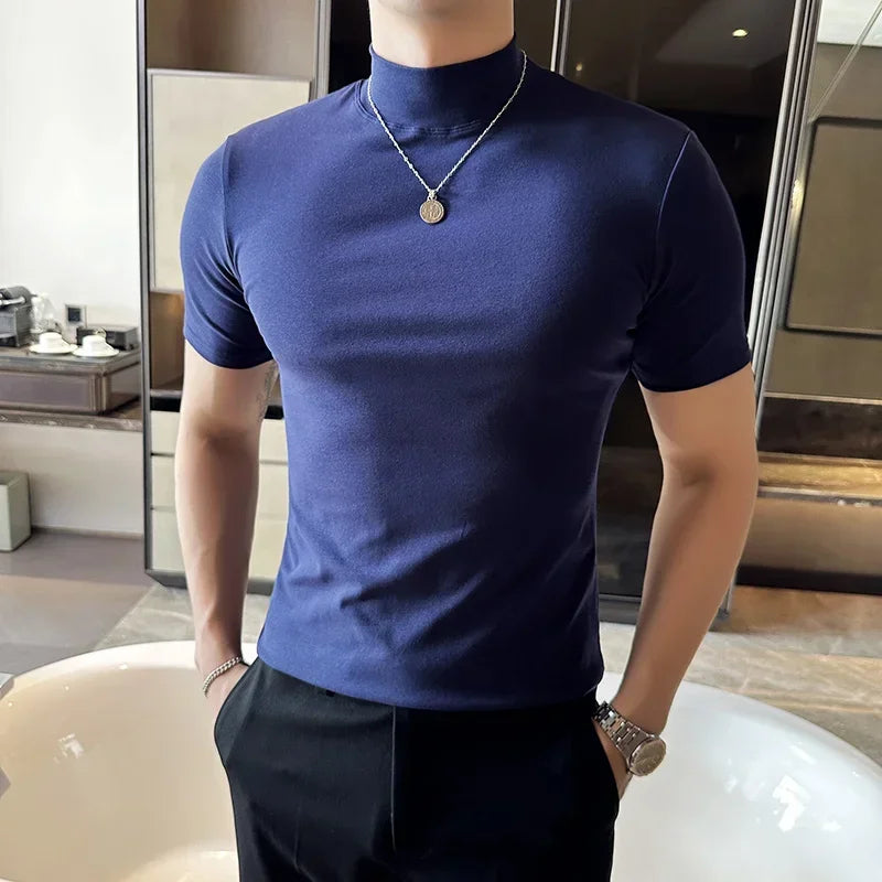 Bonsir 9 Color High Quality High Collar Cotton T-Shirts Men's Short Sleeve Solid Slim Fit Tight Elastic Tee Pullover Fitness T-shirt