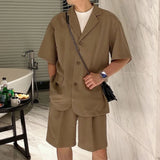 Bonsir New Neutral Solid Casual Suit LGBT Men Trendy High-quality Blazer Collar Shirts Design Short-sleeved Blouse Shorts Two-piece Set