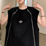 Bonsir Mens Vest Double Zipper Y2k Tank Top Autumn Streetwear Casual Personality Versatile Niche Sleeveless T-Shirt Men'S Clothing