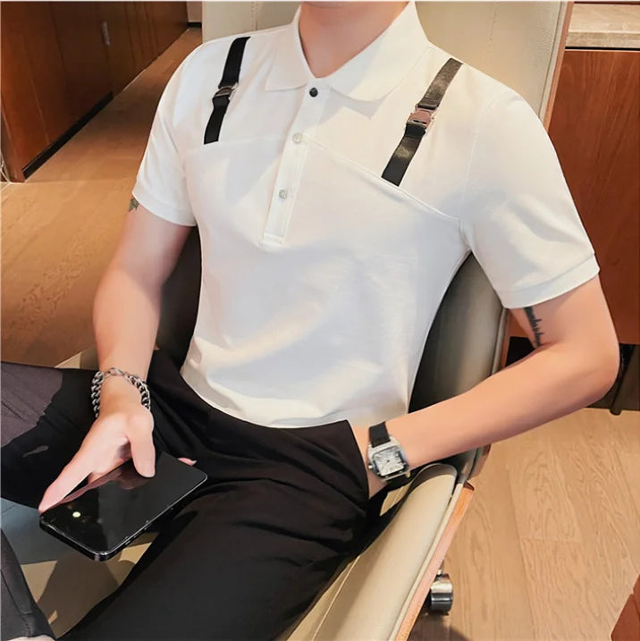 Bonsir British Style Summer Short Sleeve Lapel Polo Shirts For Men 2023 New Personality Shoulder Strap Social Slim Fit T-shirt Tops