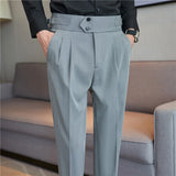 Bonsir British Autumn New High Waist Trousers Men Belt Design Slim Fit Suit Pants Office Social Wedding Party Formal Pants Hommes