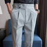 Bonsir British Style Autumn New Men High Waist Suit Pants Belt Design Slim Fit Social Trousers Formal Business Office High Quality Pant