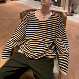 Bonsir Spring and Autumn Mens Y2K Retro Crochet Knitting Niche Stripe Design Hollow Long-sleeved Sweater Men's Round Neck Casual Tops