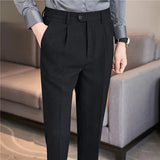 Bonsir Waffle Casual Suit Pant Spring Men Elastic Waist Formal Classic Pants Green Black White Office Social Slim Trousers Homme