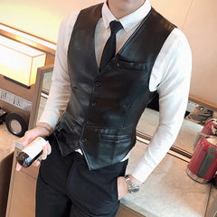 Bonsir Leather Vest Men New Fashion Casual High Quality Solid Color Single Breasted Slim Large Size Business Vest Waistcoat S-5XL