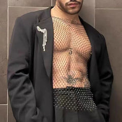 Bonsir New Flash Diamond Hollow Vest Mesh Navel-Baring Vest Mens Sexy Fishnet Perspective Trendy Nightclub Lgbt Sexy Underwear