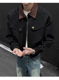 BONSIR  -  American Style Men Jacket Contrast Color Turn-down Collar Patchwork Washing New Autumn Silhouette Loose Male Coat 24K5356