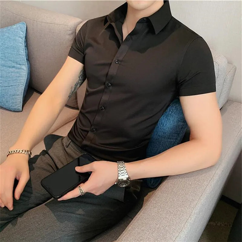 Bonsir Summer Men Fashion Casual Short Sleeve Solid Shirt Super Slim Fit Male Social Business Dress Shirt Brand Men Casual Dress Blouse