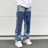 Bonsir High Street Patchwork Ripped Black Jeans Pants for Men Straight Retro Casual Sashes Pockets Denim Trousers Oversized Loose Jean