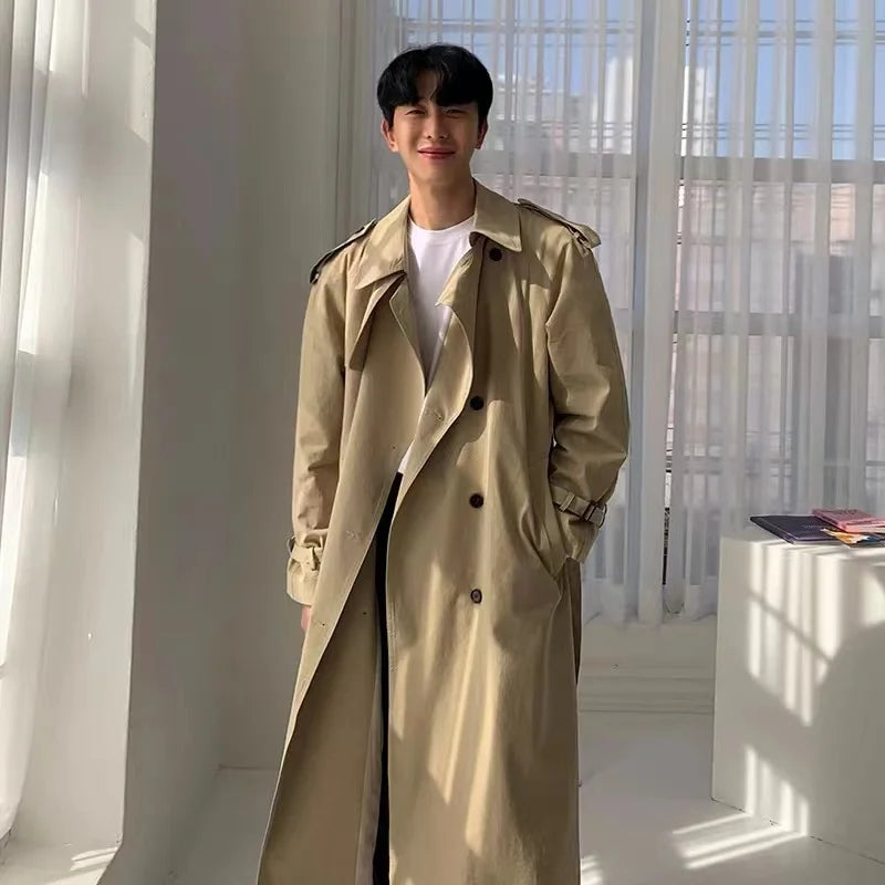 Bonsir Khaki Black Trench Coat Men Oversized Fashion Casual Long Coat Men Streetwear Korean Loose Windbreaker Jacket Mens Overcoat