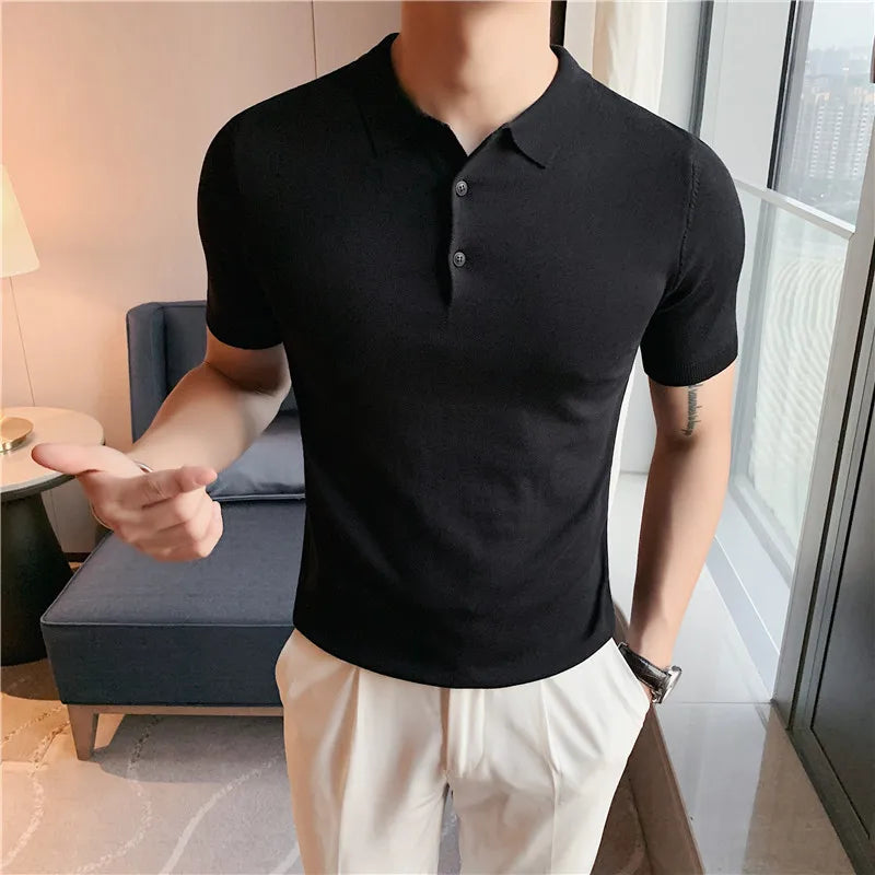 Bonsir British Style Summer Knitted Polo Shirt Solid Color Slim Fit Stretch Short Sleeve T-shirt Men Business Social Polos Streetwear