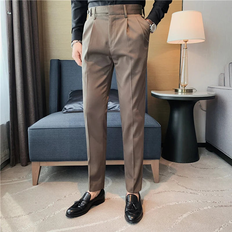 Bonsir Autumn Winter High Quality Solid Casual Pants Men Belt Design Slim Fit Trousers Formal Office Business Social Party Suit Pants