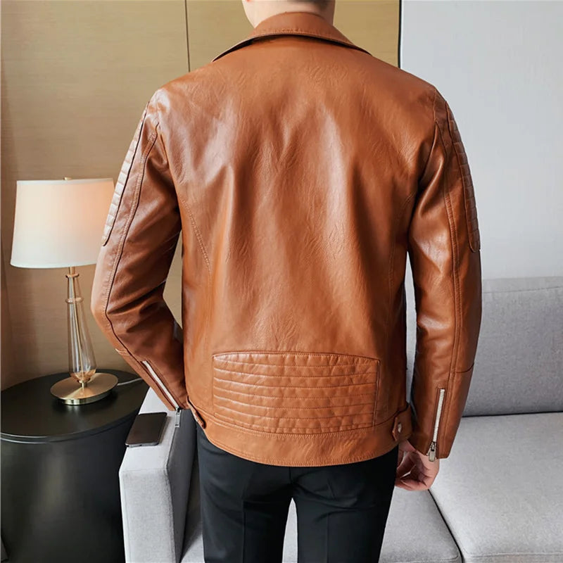 Bonsir Autumn New Oblique Zipper Motorcycle Leather Jacket Men Brand Short Slim Fit Lapel Pu Leather Coat Jackets Streetwear 4XL-M