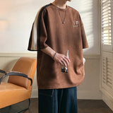 BONSIR  -  Korean Y2k Suede T-shirt Men Striped Short Sleeve Letter Printing T Shirts Summer Hip-hop Loose Round Neck Tops Couple Clothes