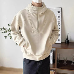 Bonsir Mens American High Street Half-Zip Couple Hoodie Autumn Winter Genderless Trendy Solid Color High Collar Hooded Jacket Unisex