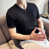Bonsir British Style Summer Thin Ice Silk Hollow Knitted T-shirt Mens Elasticity Mesh Casual V-neck Short Sleeve Breathable T Shirt