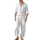 BONSIR  -  Summer Casual Mens Linen Two Piece Suits Leisure Breathable Long Sleeve Shirt And Trousers Men Outfits Fashion Solid Color Sets