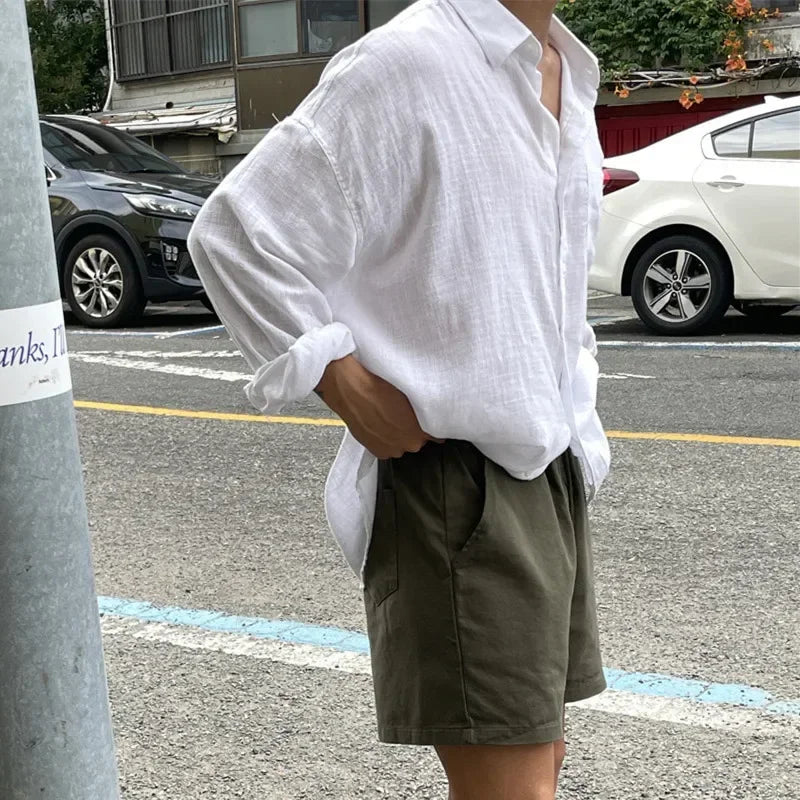 Bonsir Unisex Oversized Linen Shirt Coat Men's Long Sleeve Casual Loose Fit Fashion Japanese Korean Style Sun Protection Clothing