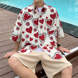 BONSIR  -  Summer Mens Heart Print Shirts Streetwear Oversized Hawaiian Shirt Harajuku Hip Hop Trend Fashion Women Large Size Casual Tops