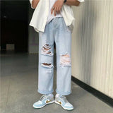 BONSIR  -  Spring Summer New Y2K Hole Fashion Straight Pants Man High Street Thin Style Personality Cowboy Cotton Ankle Length Pants