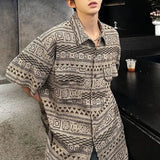 Bonsir Mens Shirt Ethnic Geometric Totem Casual Shirt Summer Street Trend Retro Niche Hawaiian Short-Sleeve Top Men'S Clothing 2024