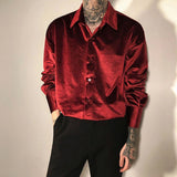 BONSIR  -  Mens Autumn French Solid Color Gold Velvet  Shirt Comfortable Fashion Trendy High Street Lazy Casual Long-Sleeve Top For Men