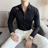 Bonsir Strap Decorative Design Shirt Mens Clothing Korean Long Sleeved Slim Fit Casual Shirts Nightclub Prom Show Dress Shirt