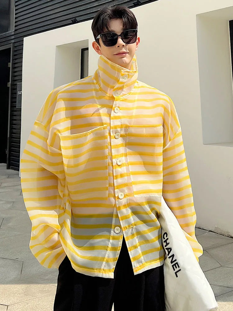 Bonsir 2024 Spring Summer Stylish Loose Stripe Translucent Design Casual Shirt Jacket Men's Sunscreen Clothes Tops Beach