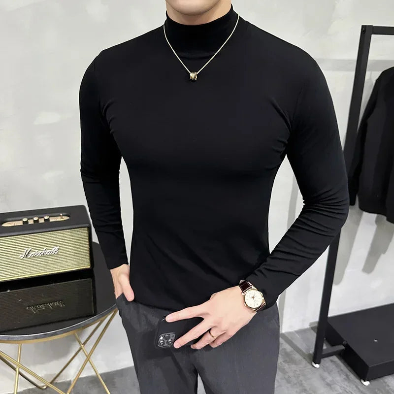 Bonsir 5 Colors Autumn Winter New Turtleneck Long Sleeve T Shirts Men Solid Color Slim Fit Casual Elastic Warm Tee Shirt Homme 3XL-M