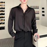Bonsir Mens Shirt Y2k Glossy Satin Tie Design Shirt Autumn Streetwear Fashion Campus Performance Casual Long Sleeve Tops Men'S Clothing