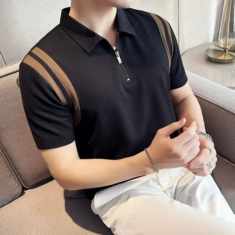 Bonsir Summer High Elastic Stripe Short Sleeve Polo Shirts Men's Business Casual Zipper T-shirt Tops Streetwear Plus Size 4XL-M