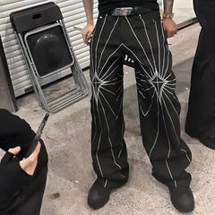 Bonsir Streetwear Spider Web Embrodiery Black Jeans for Men and Women Straight Ropa Hombre Baggy Denim Trousers Loose Cargo pants