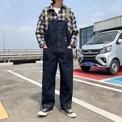 Bonsir Fashion Men Bib Jeans Pants Solid Color Jumpsuit Streetwear Jogger Pants Multi Pocket Casual Suspender Cargo Pants Men