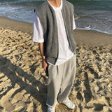 BONSIR  -  Japanese Loose Solid Men Vest Spring Autumn Preppy Style Male Knitted Cardigan Round Neck Sleeveless Zipper Tank Top